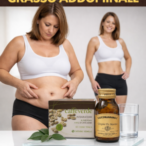 Donna con pancia gonfia e grasso addominale prima e dopo, con caffè verde e glucomannano per supporto al dimagrimento naturale