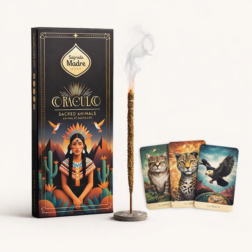 incenso oracolo sagrada madre animali sacri con carta oracolo e bastoncino acceso erboristeria magia verde guastalla