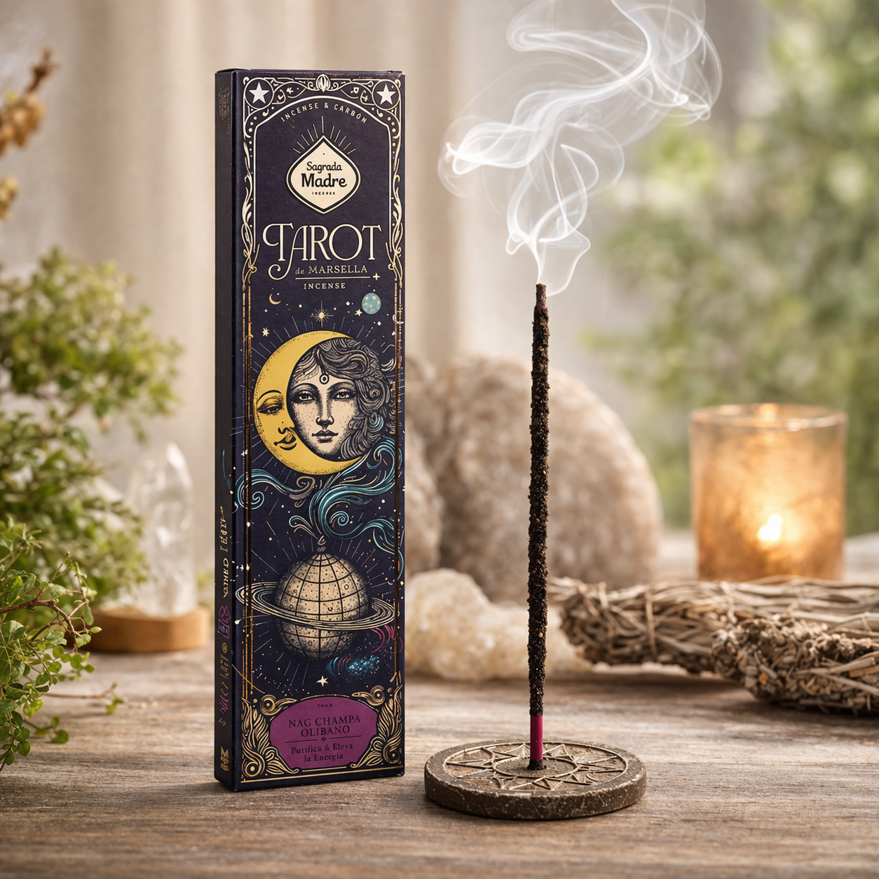 incenso sagrada madre tarot de marsella nag champa acceso con fumo purificazione ambiente