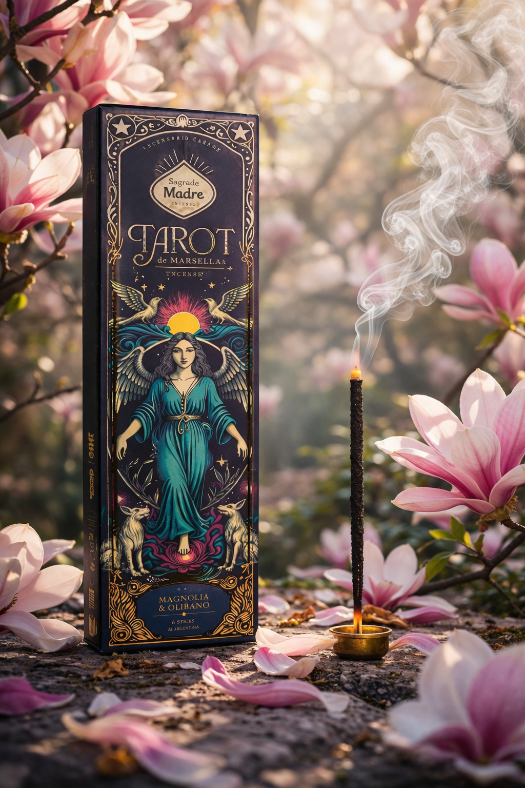 incenso sagrada madre tarot de marsella magnolia olibano acceso con fumo atmosfera floreale armonia