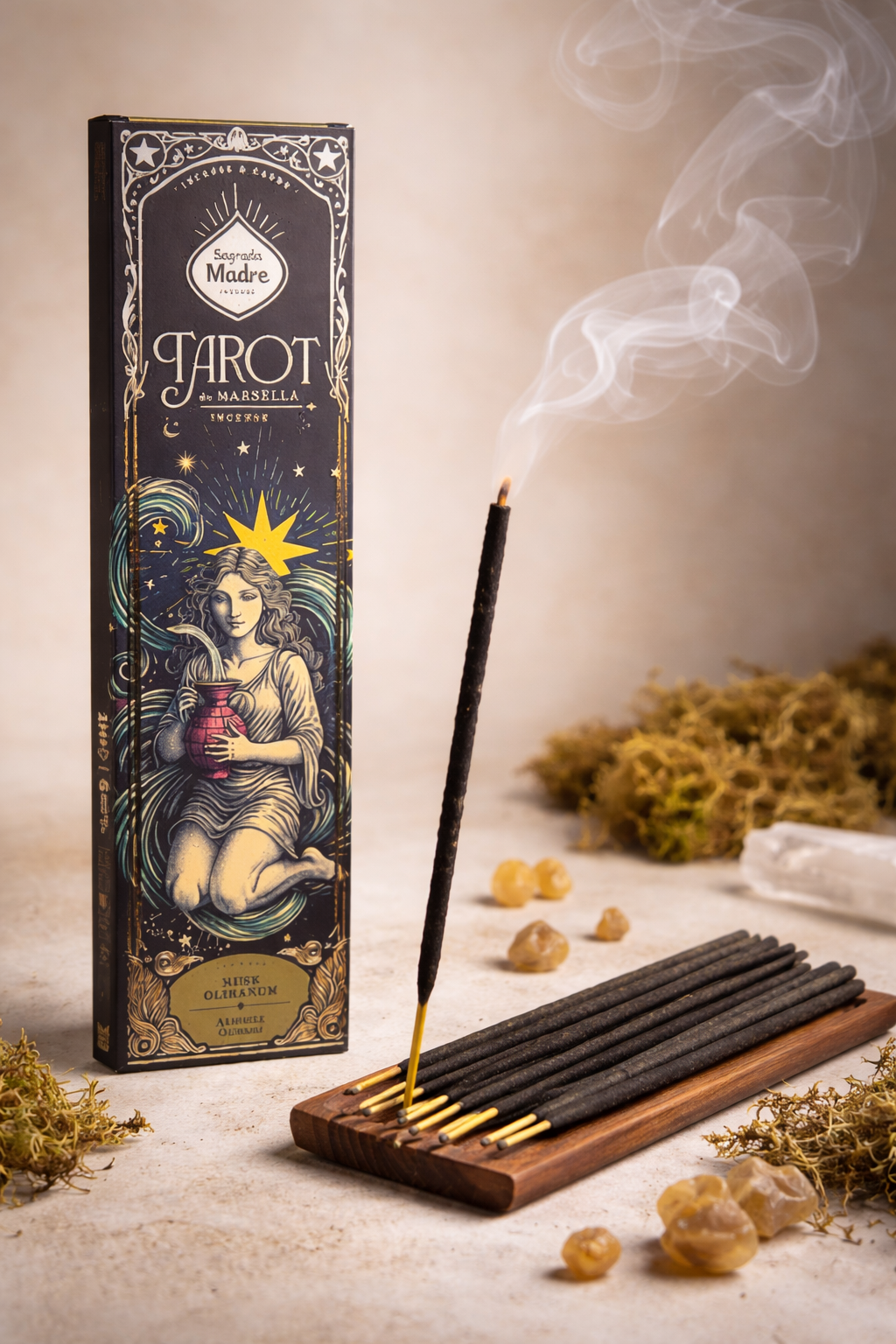 Incenso Sagrada Madre Tarot de Marsella muschio e olibano purificazione ambiente bastoncini naturali