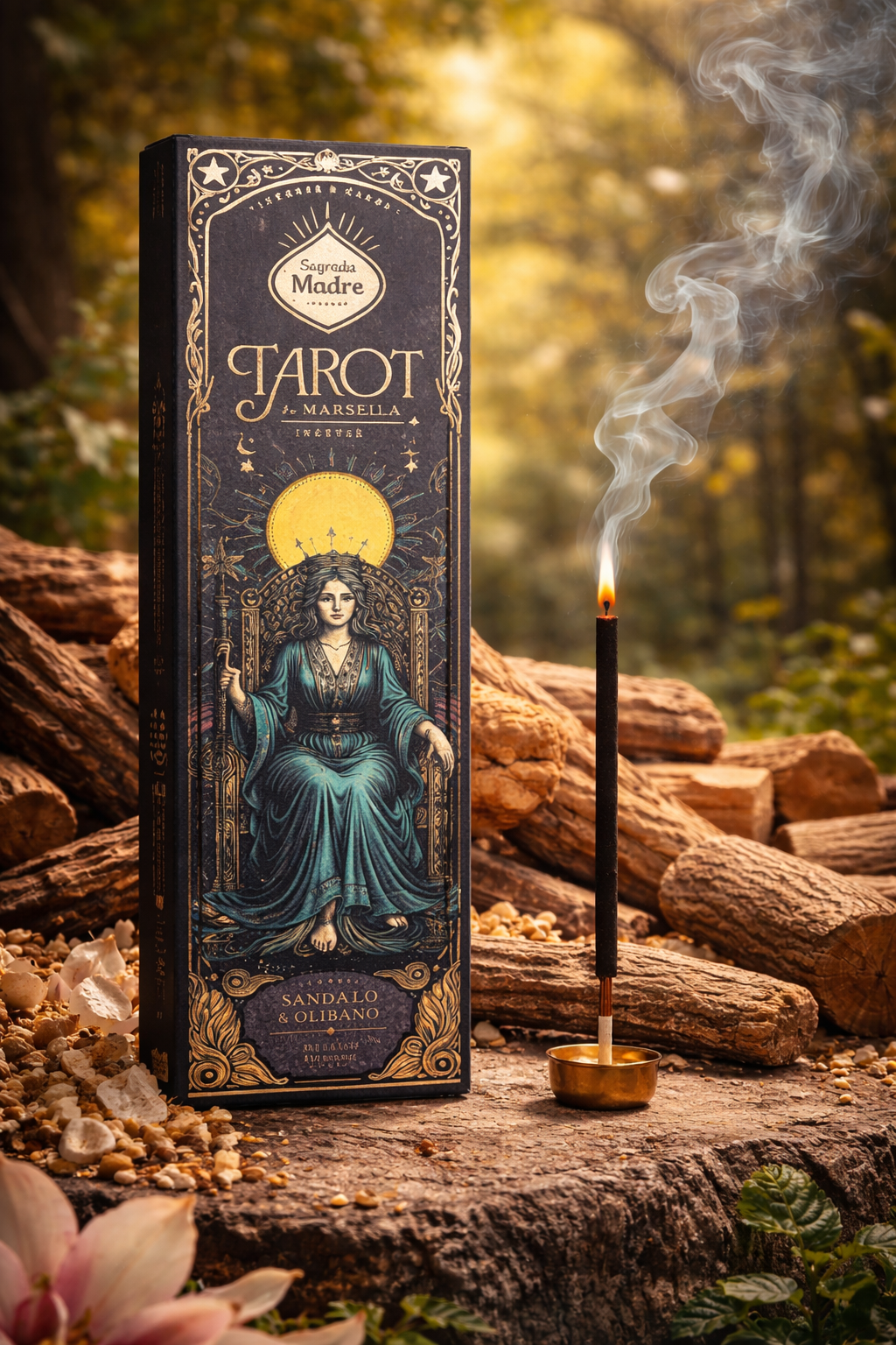 incenso sagrada madre tarot de marsella sandalo olibano acceso con fumo legno sandalo purificazione ambiente